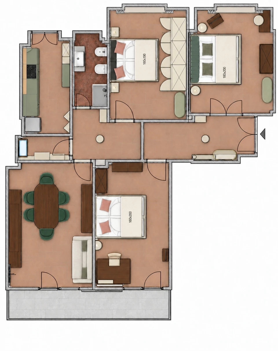 Farbiger Grundriss des Rom-Apartments mit drei Schlafzimmern, Wohn- und Esszimmer, Küche, Bad und langem Balkon unten links
